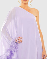 Purple One Shoulder Trapeze Dress with Feather Trim